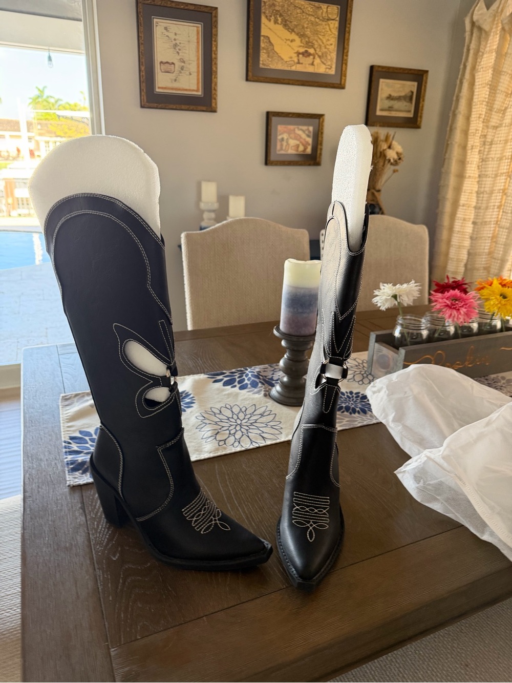 Dolls Kill Black White Butterfly Cutout Western Knee-High Heeled Boots